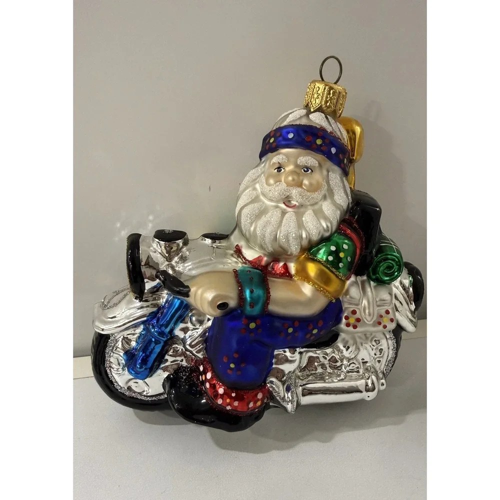 Max Glass Santa Claus Riding Motorcycle Blown Glass Christmas Ornament Poland